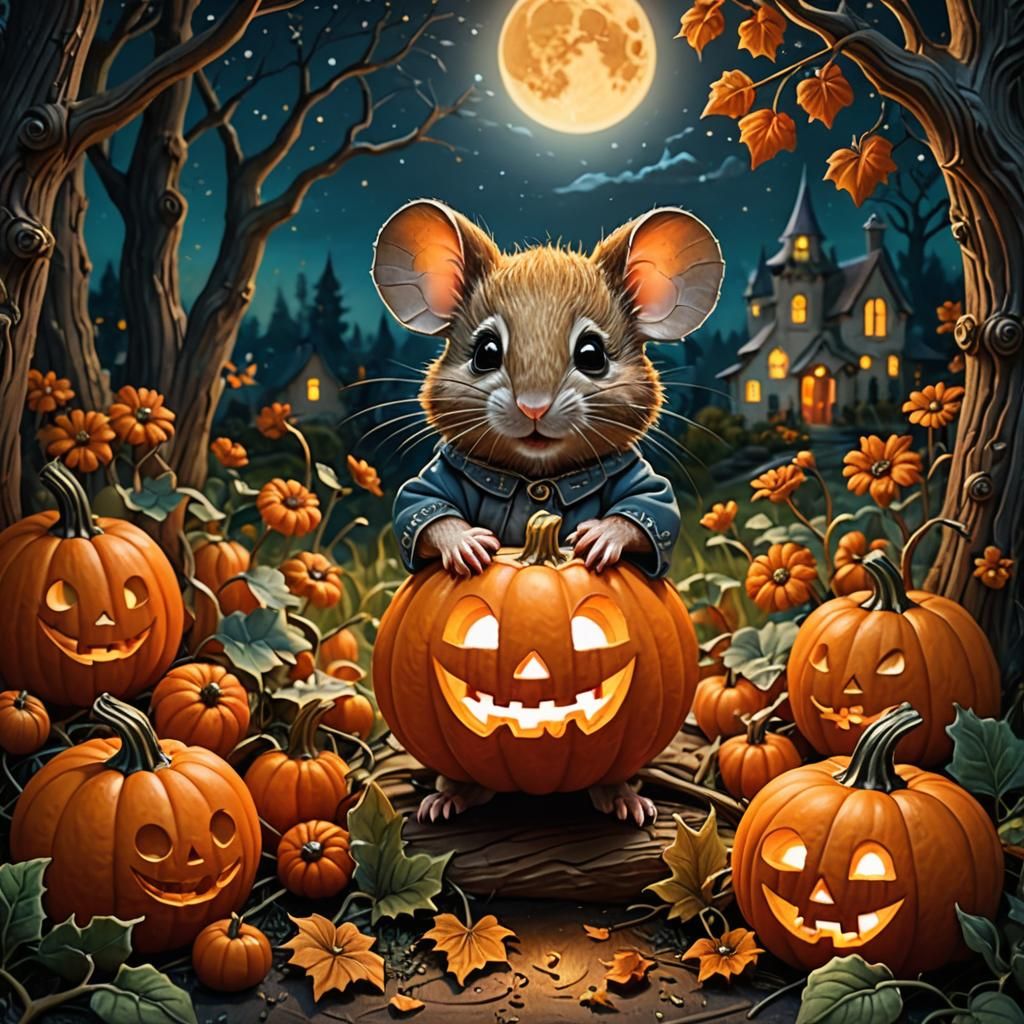 Mouse in Jack-o'-Lantern: Whimsical 3D Painting