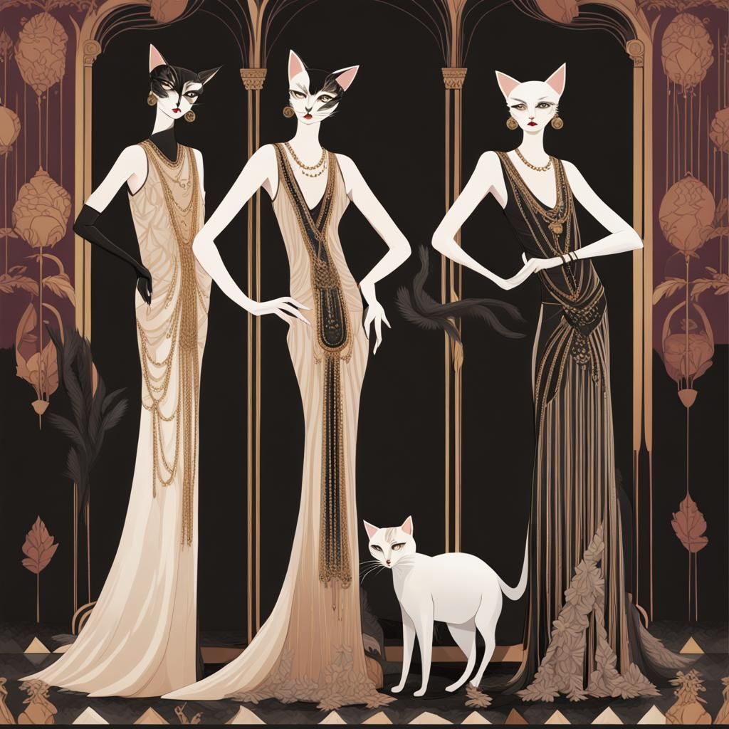 Cats in 1920s Fashion, Art Deco Illustration