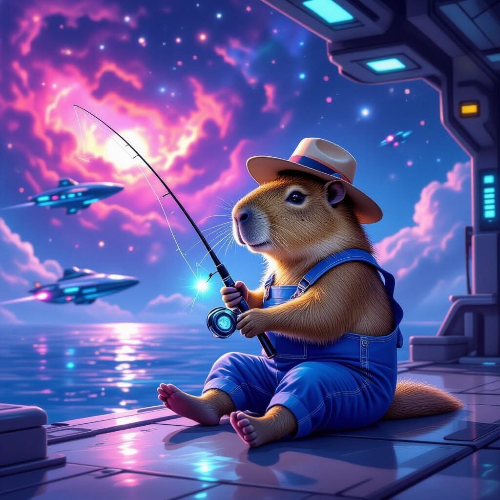 Capybara Angler on Space Station Dock with Nebula