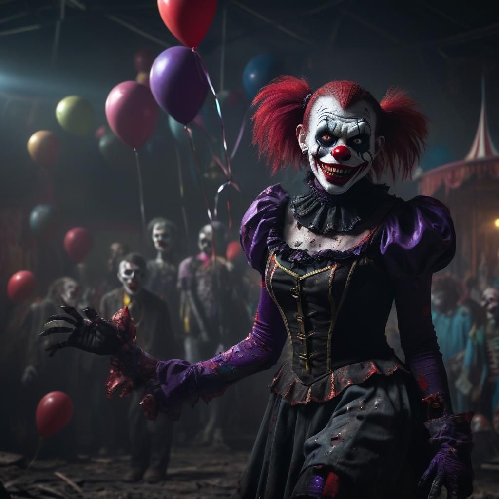 Zombie Monkey Clown in Abandoned Circus: Digital Painting