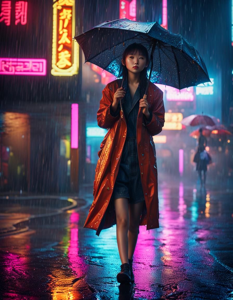 Young Asian Girl Finds Solace Behind Torn Umbrella in Rainy...