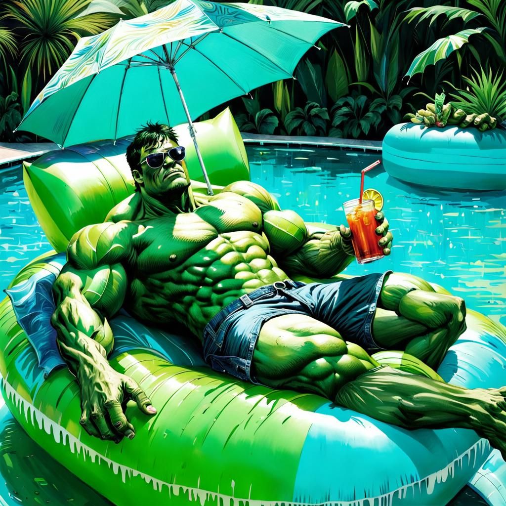 Hulk Relaxing Poolside in Comic Book Art Style