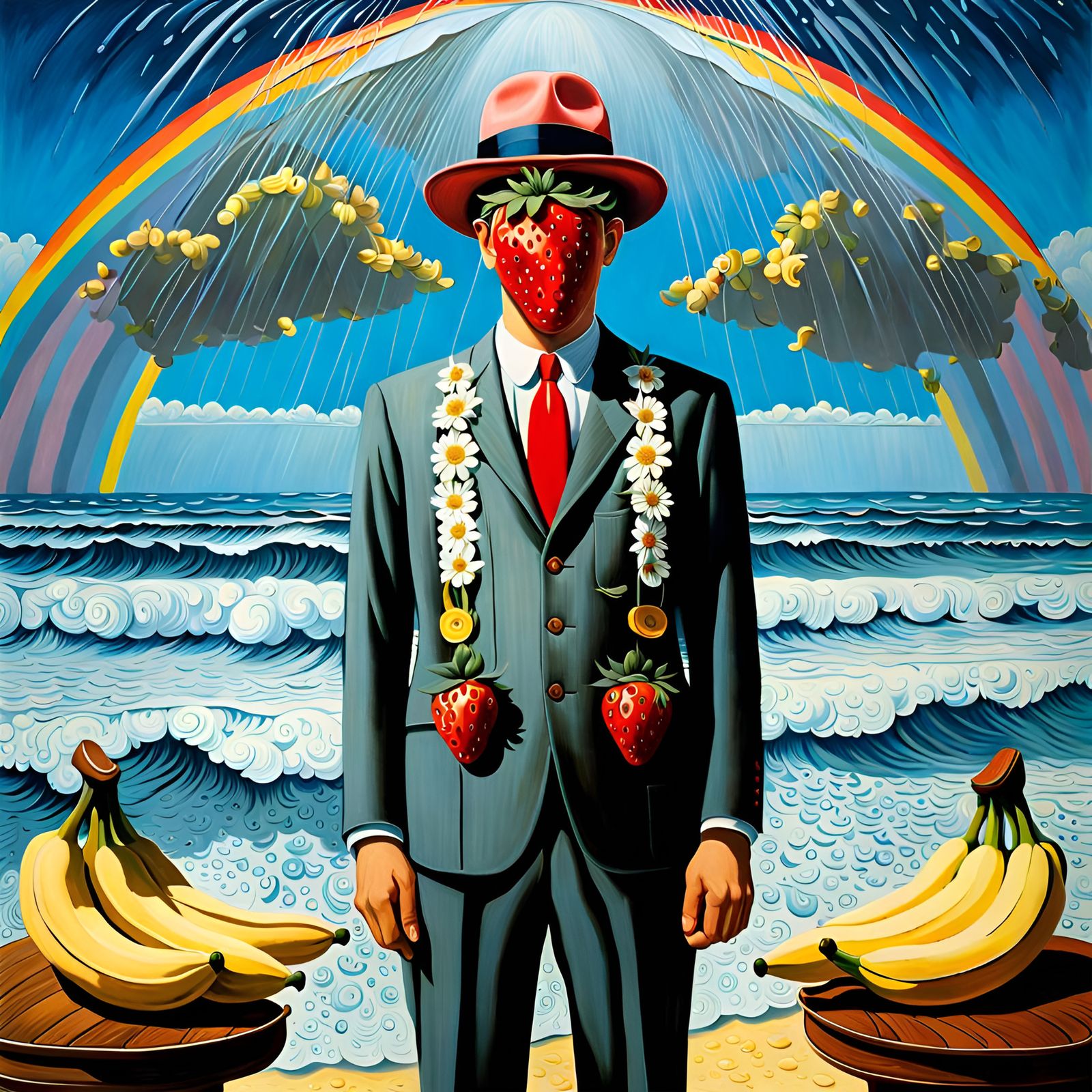 Rainbow on "The Son of Man" by Magritte: (Marigolds suspende...