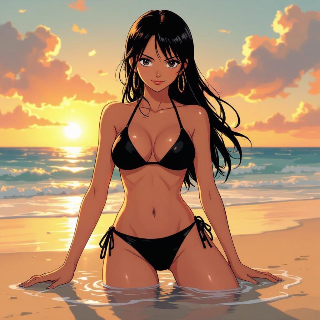 Nami in Black Bikini on Beach at Sunset, Manga Art Style