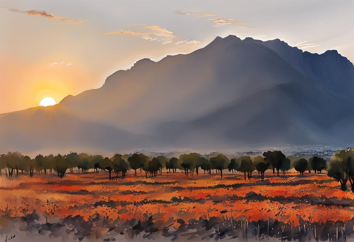 Spanish Mountain Sunset in Watercolour Style