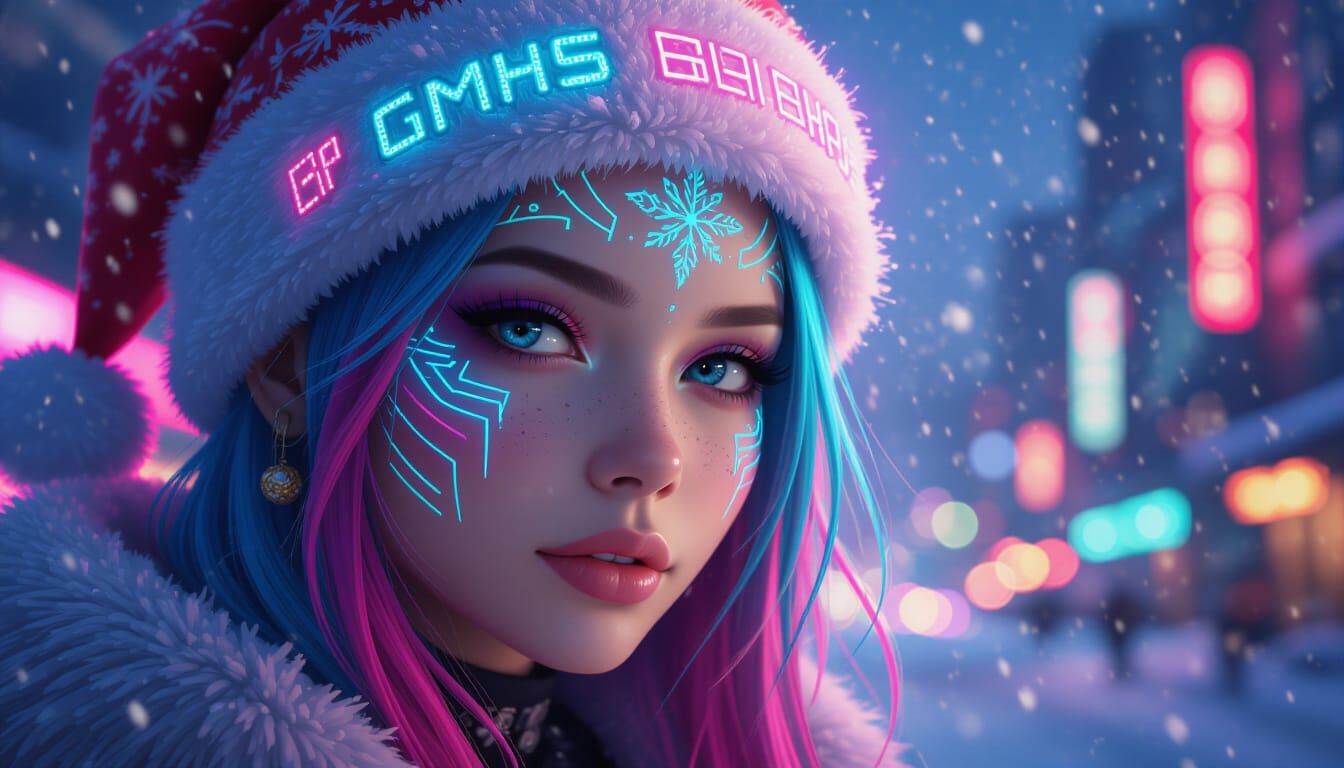 Cyberpunk Christmas Girl in Neon Cityscape