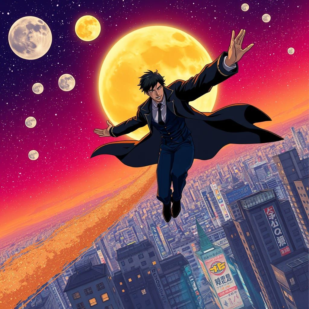 Sandman Soaring Over Tokyo in Anime Style