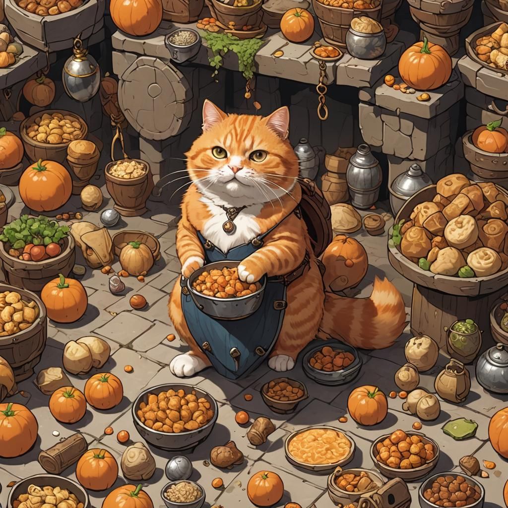 Happy Orange Cat Finds Food in Dungeon