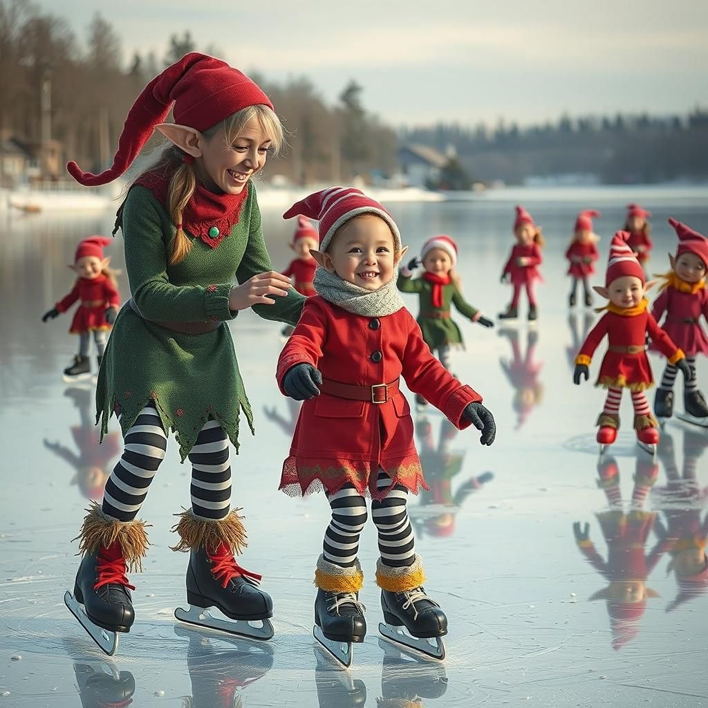 Elf Teaches Daughter to Skate on Lake