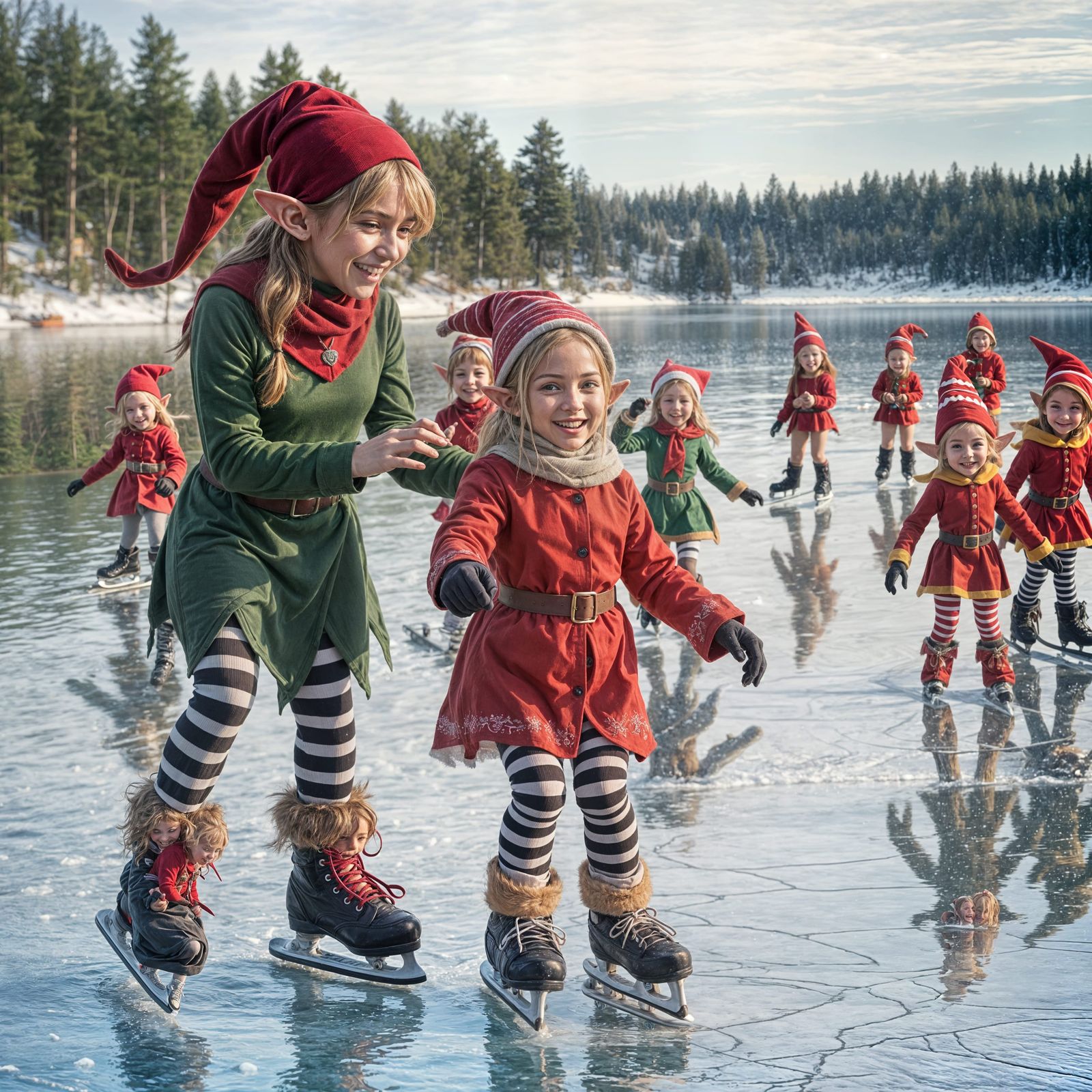 Elf Mother and Daughter Skating on Lake