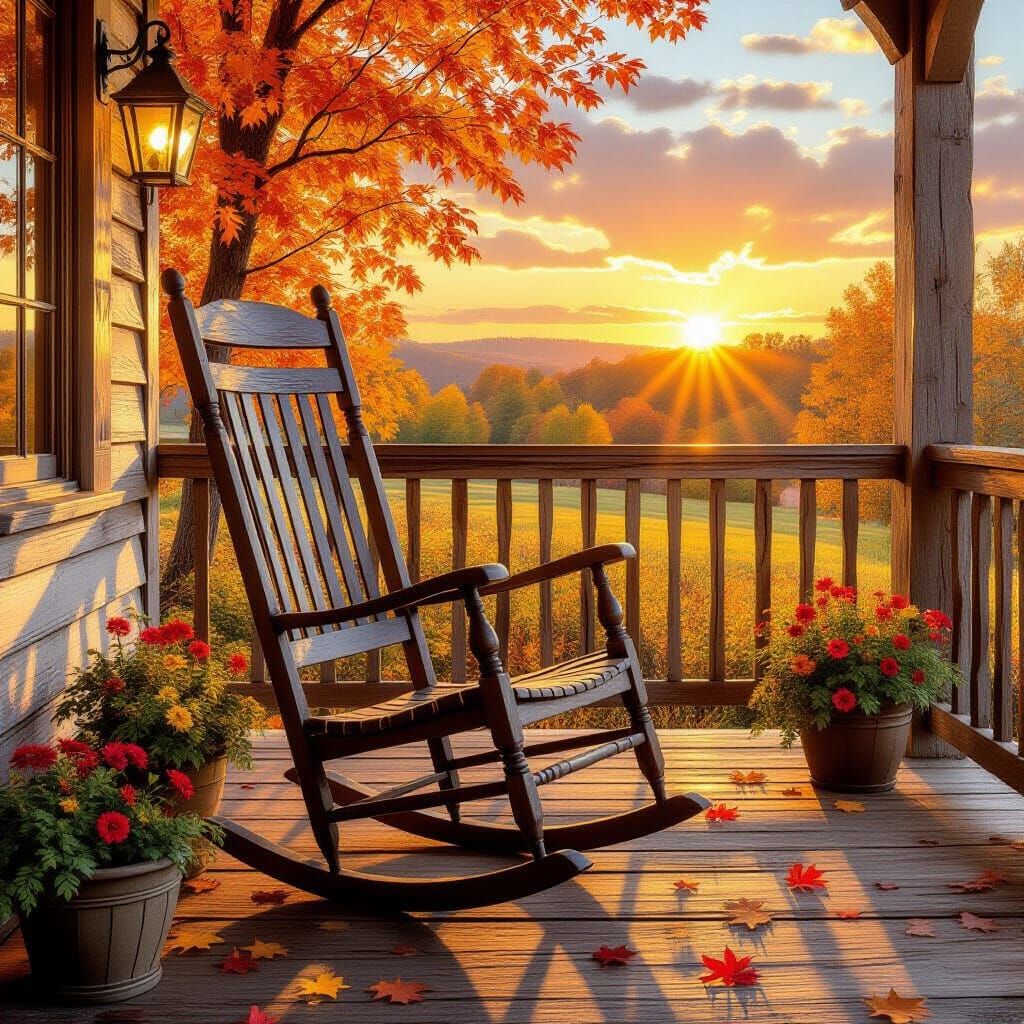 Rustic Porch Rocking Chair in Autumn Sunset Light