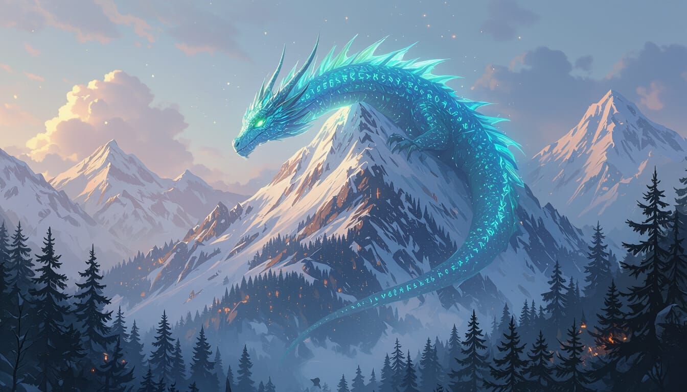 Bioluminescent Dragon Coiled Around Snowy Mountain