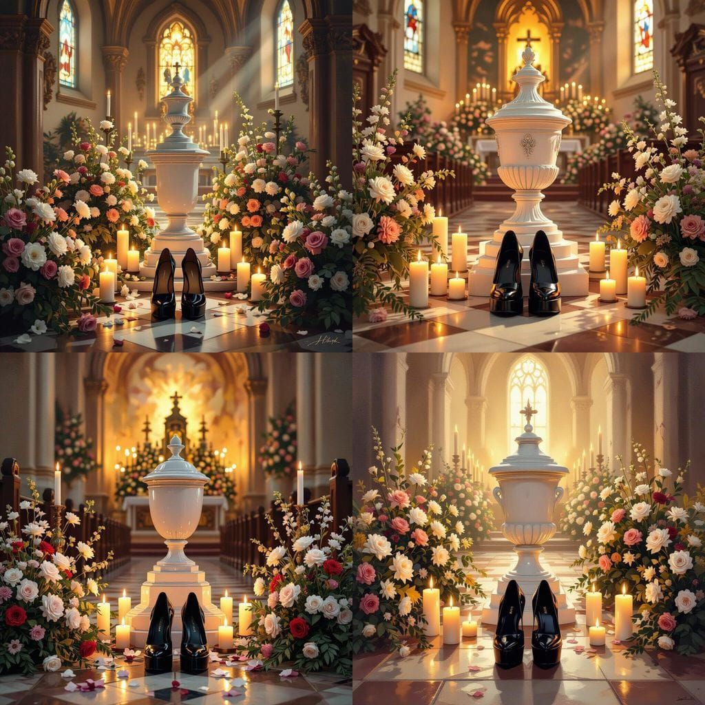 Serene Church Memorial Oil Painting with Urn and Shoes