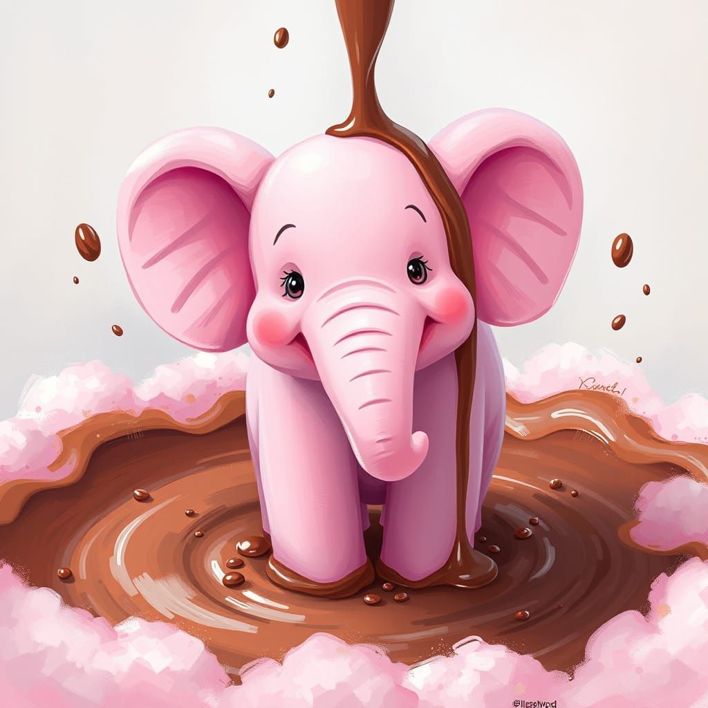 Marshmallow Elephant in Chocolate Fountain: Whimsical Art