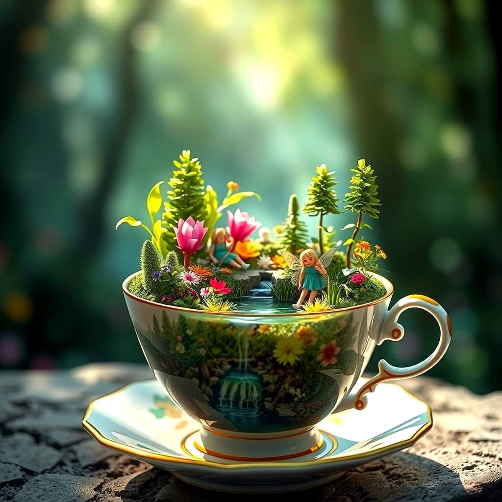 Miniature Ecosystem in Teacup: Hyperrealistic Splash Art