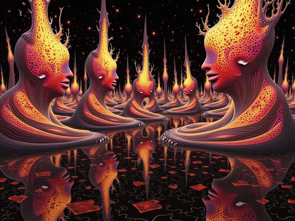 Surreal Fire Faces in Crystal Pillars