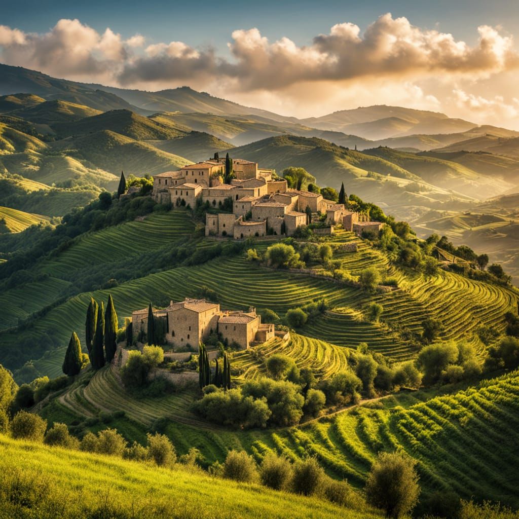 Sicilian Rolling Hills and Villages in Golden Light