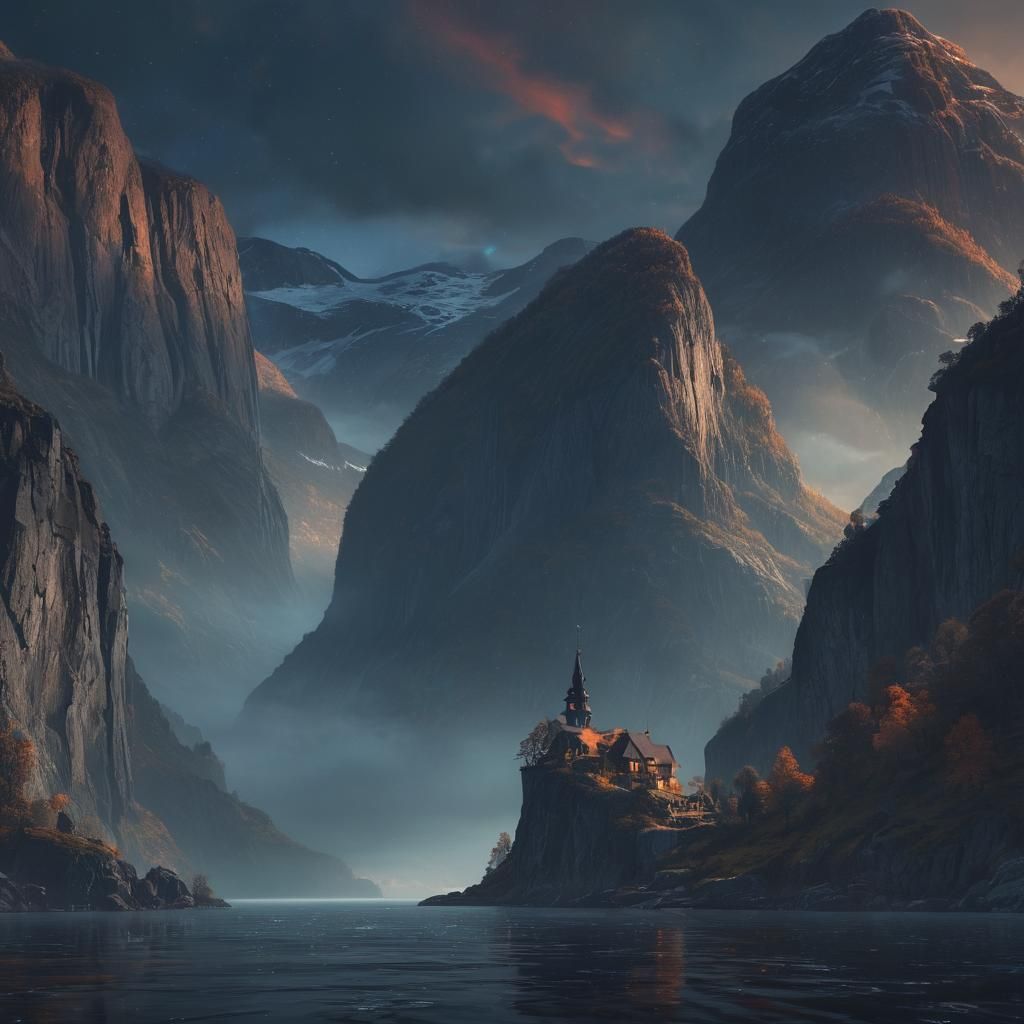 Aurlandsfjord Norway: Mystical Aurora Borealis Painting