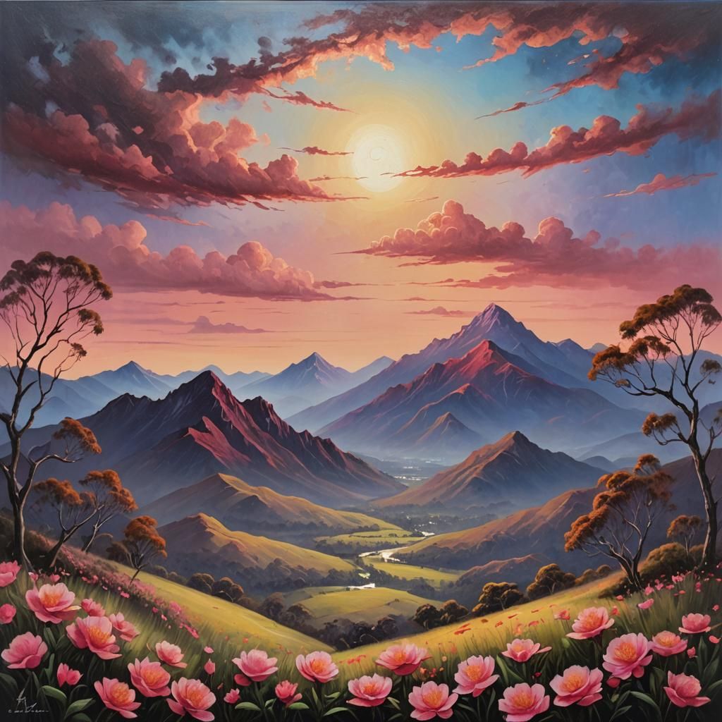 Rosa Flowers in Landscape, Acrylic Art Australian Tonalism