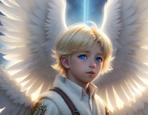 Blond Child Angel With Fluffy Wings in Pastel Colors