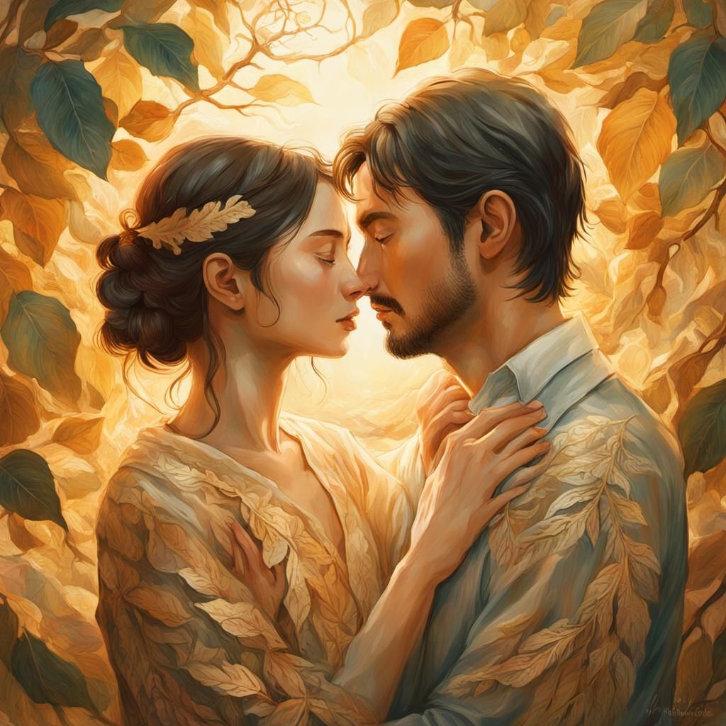 Romantic Embrace in Golden Light: Spiritual Concept Art