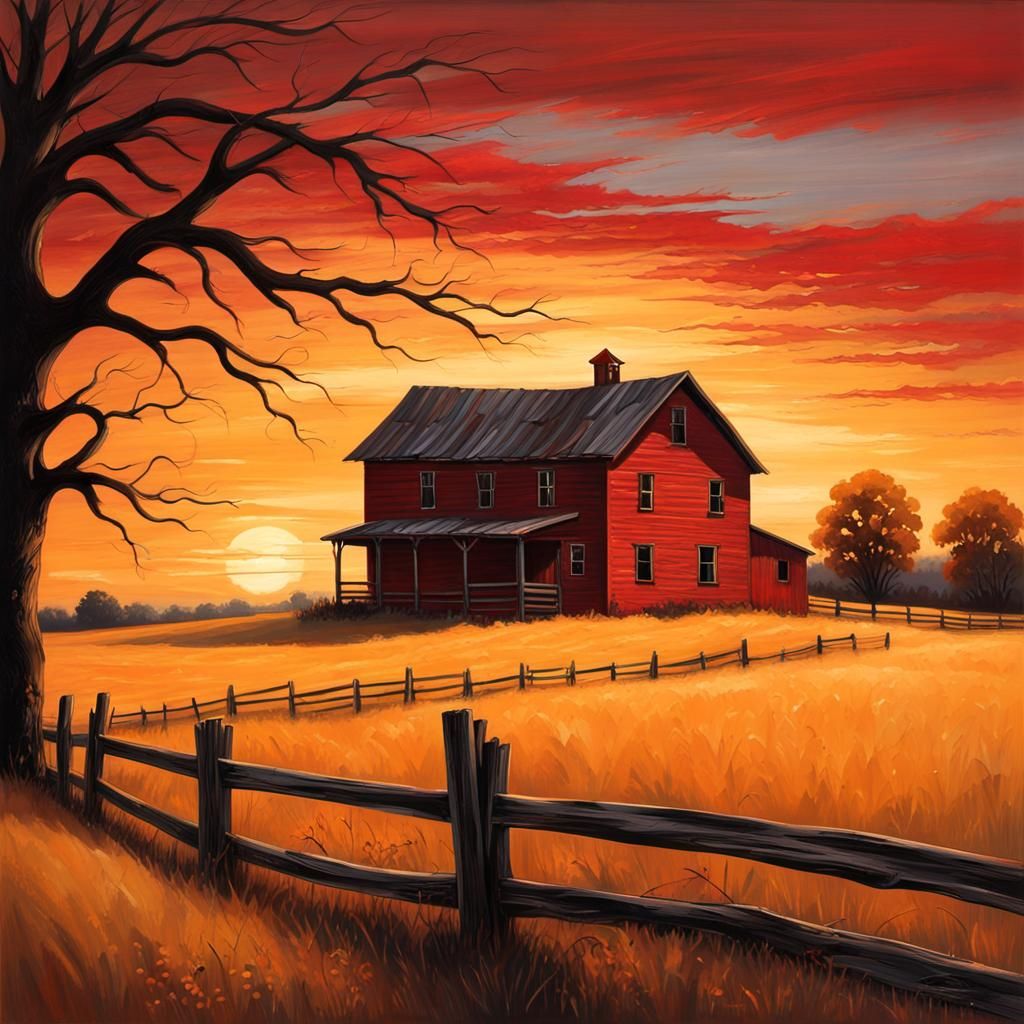 Rustic Farmhouse Sunset: A Hyperrealistic Painting