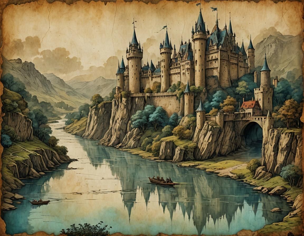 Fantasy Castle on Parchment in Vintage Style