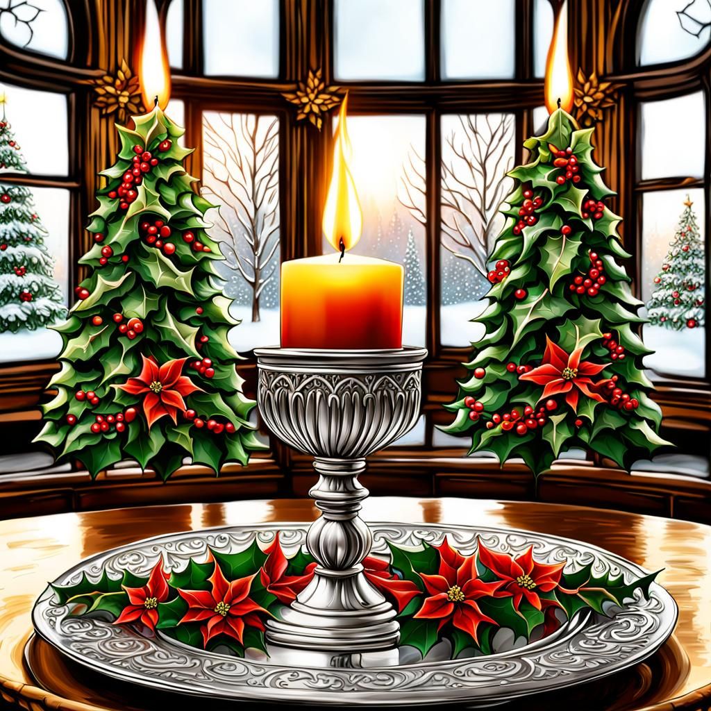 Ornate Christmas Candles with Poinsettias in Airbrush Art