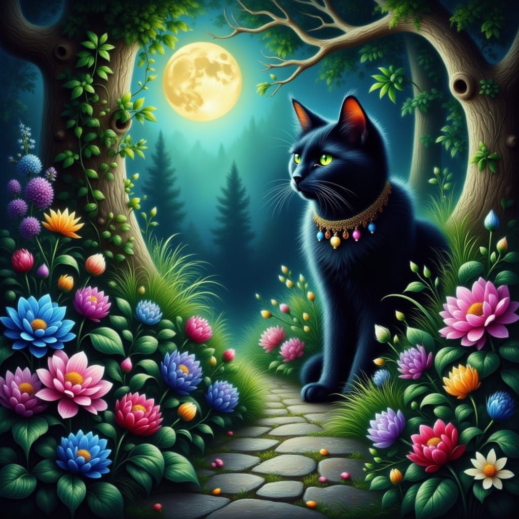 Whimsical Gothic Cat in a Moonlit Forest