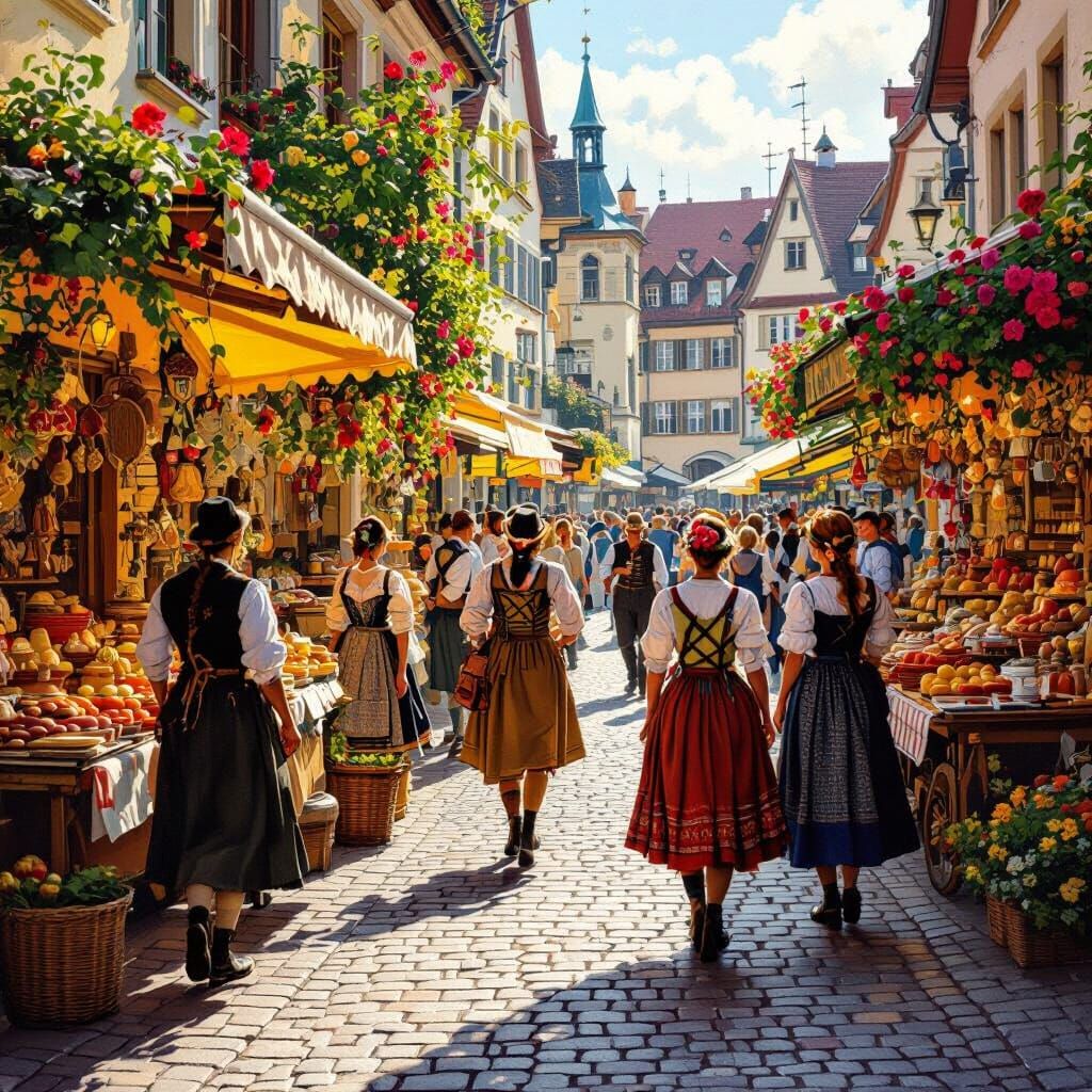 Bustling German Marketplace in Golden Sunlight Oil Painting