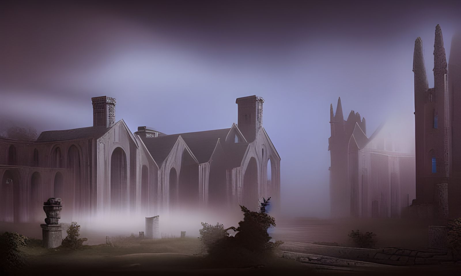 Foggy Abbey Ruins: Detailed Matte Painting