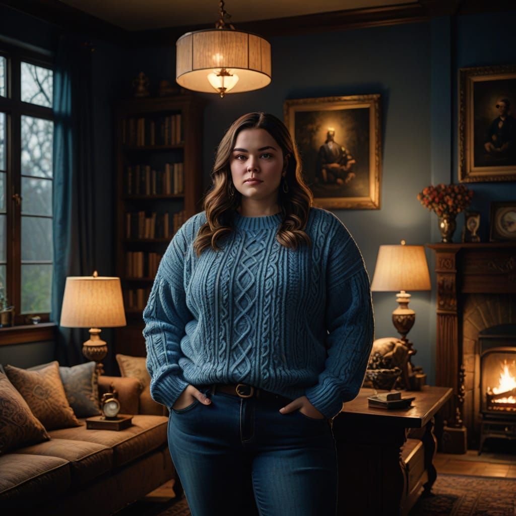 Cinematic Portrait of a Plus-Sized Woman in a Cozy Living Ro...