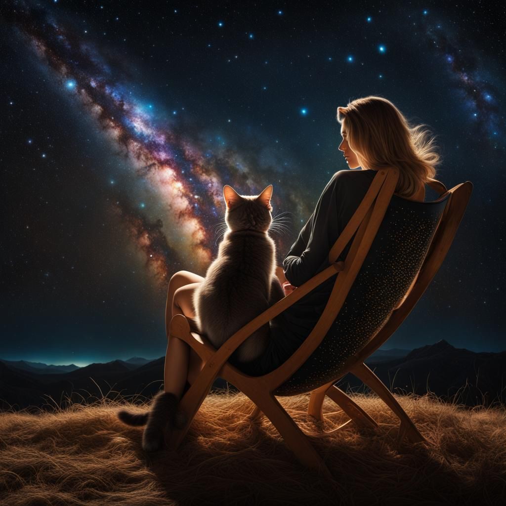 Woman Petting Cat Under Multicolored Stars
