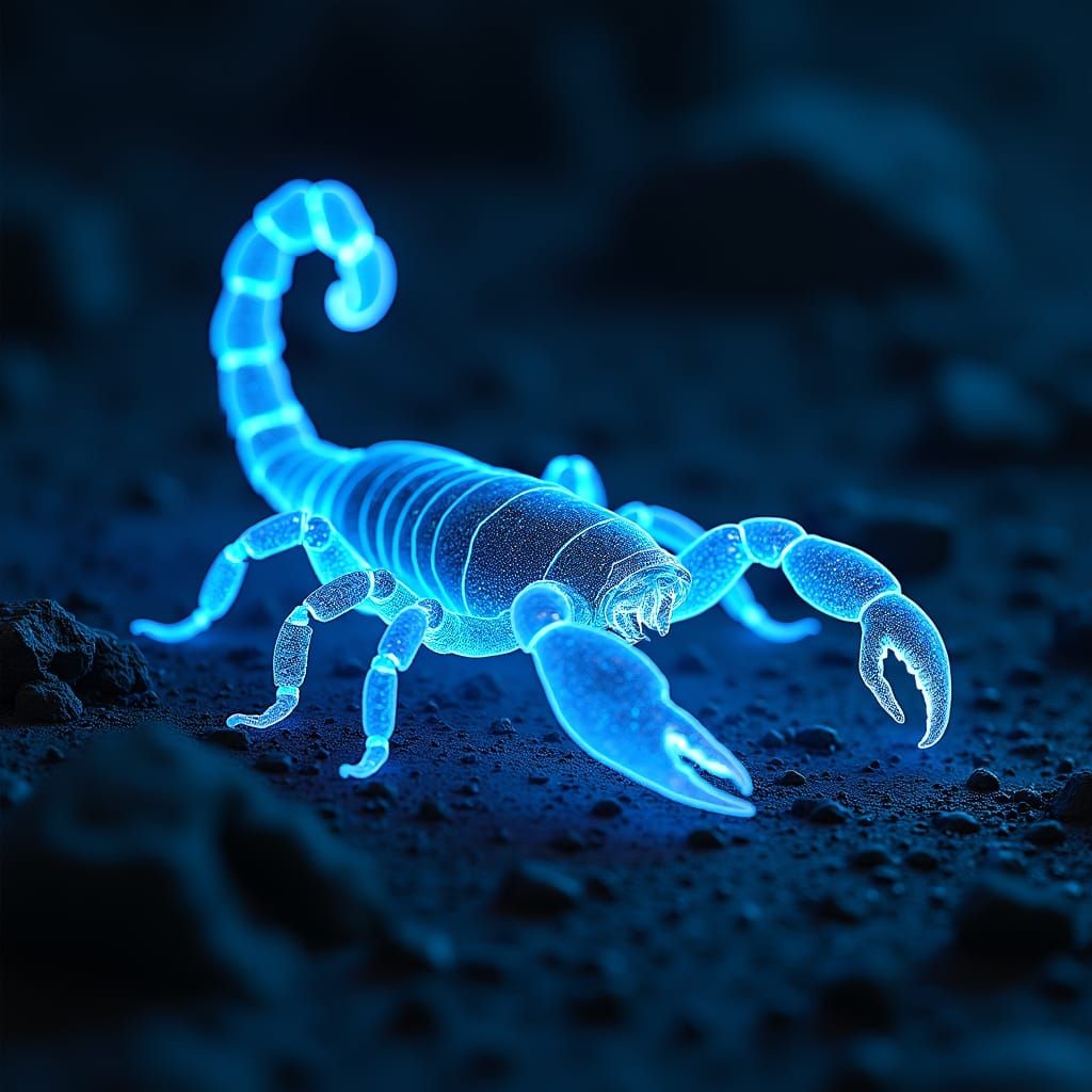 Scorpion Radiates Neon Under UV Light in Moody Futuristic La...
