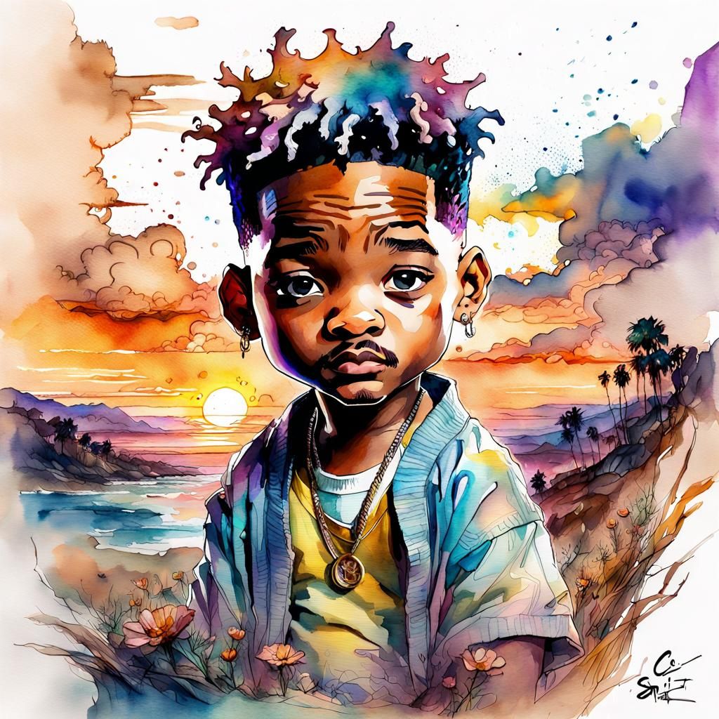 Chibi Will Smith in Watercolor Sunset