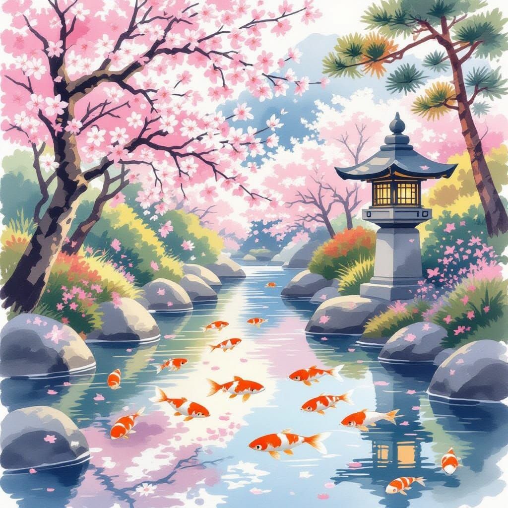 Ethereal Japanese Garden in Watercolor Style
