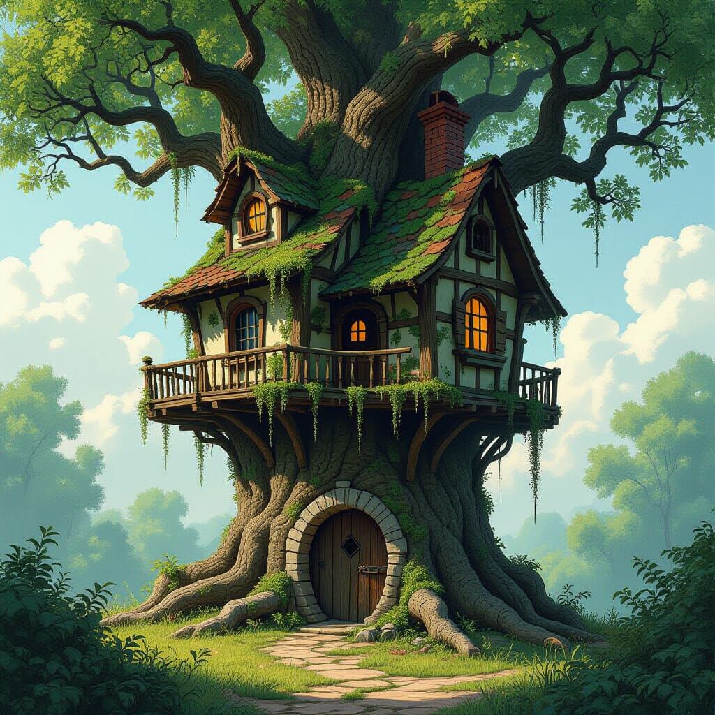 Decaying Treehouse in Overgrown Landscape, Retro-Futuristic ...