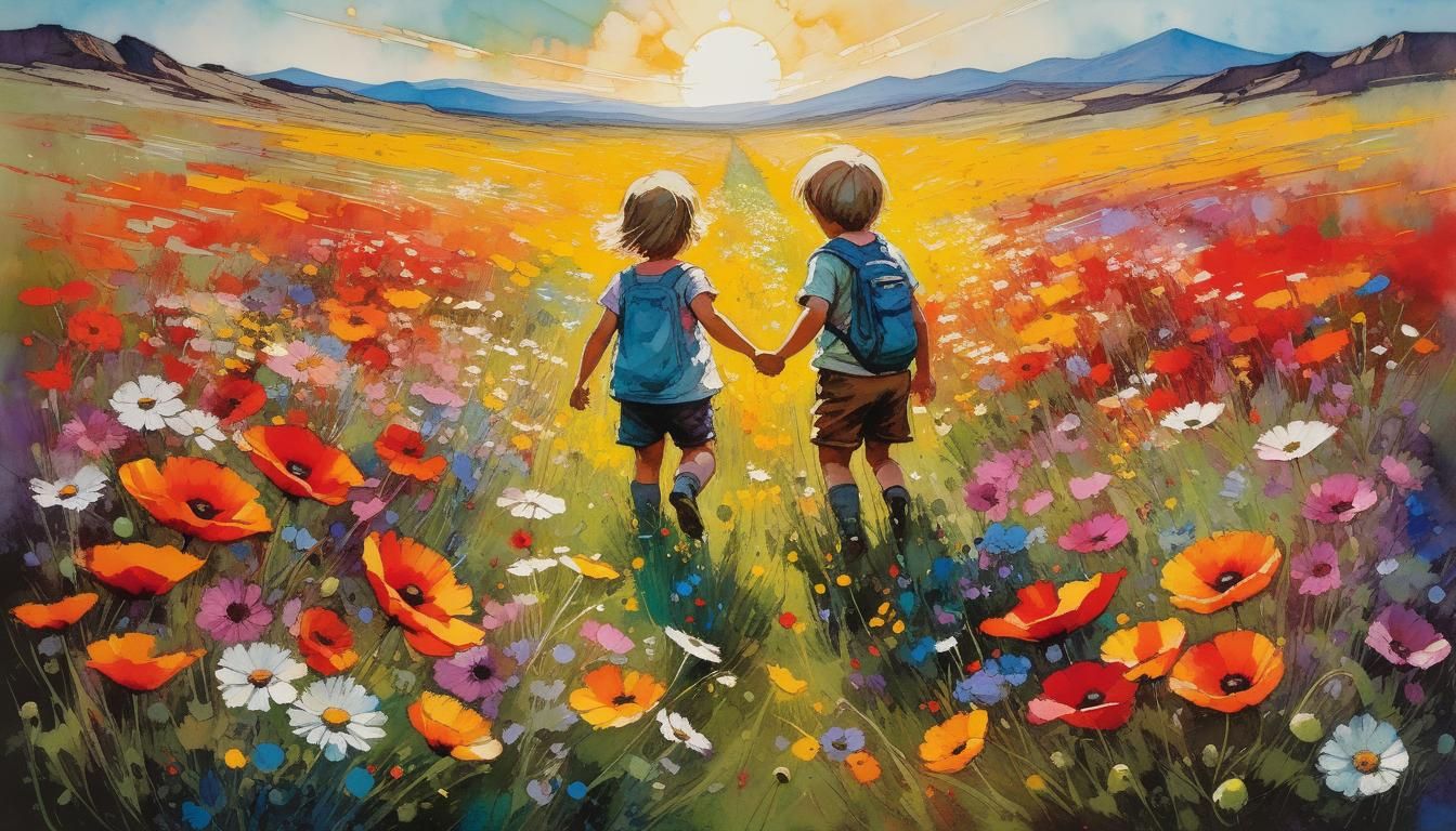 Toddlers Play in Summer Meadow: Ink Splatter Style