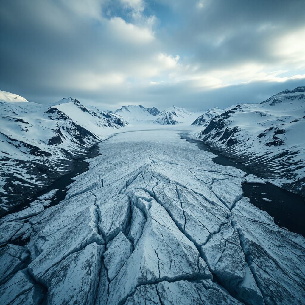 Aerial 8k View of Glacier in Snowy Landscape