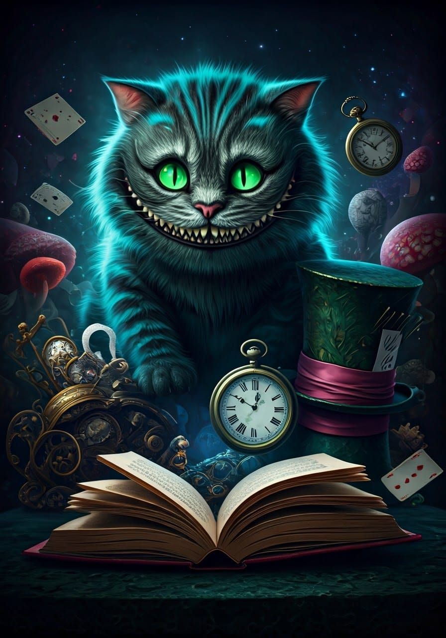 Menacing Cheshire Cat in Dreamlike Wonderland