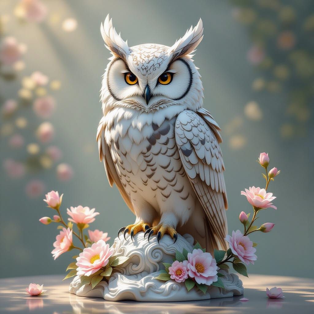 Majestic Owl Dragon on Floral Base in Soft Daylight