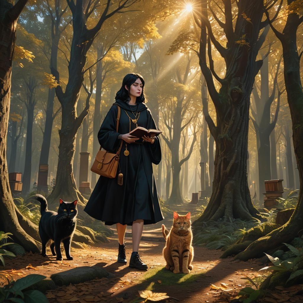 Girl with Cats in Sunlit Forest: Fantasy Art