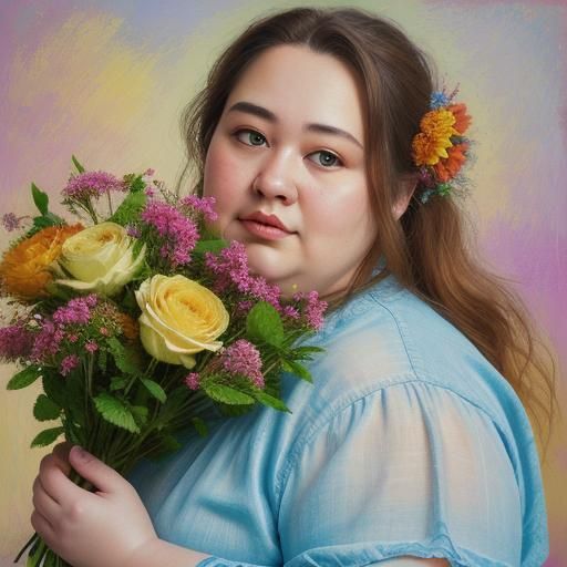 Obese Girl Portrait with Flowers as Oil Painting