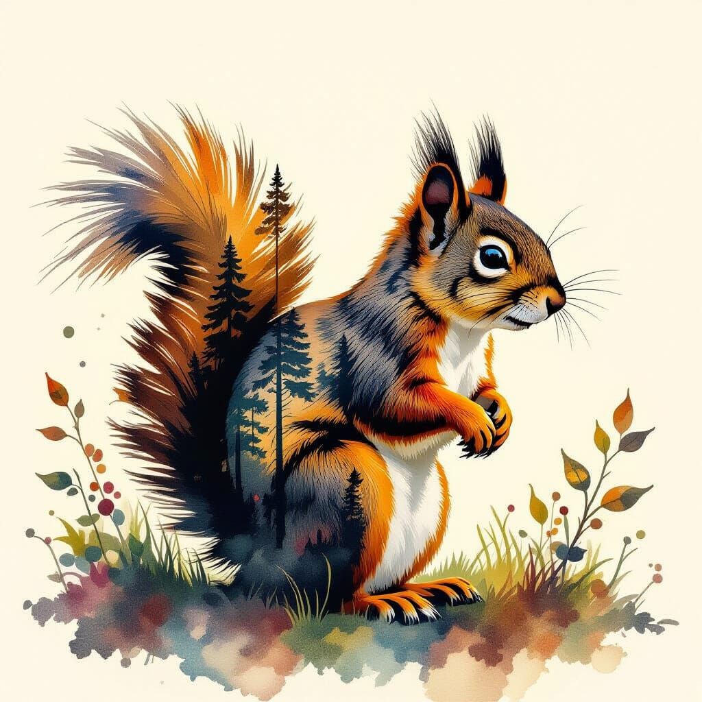 Double Exposure Squirrel Silhouette Watercolor Painting