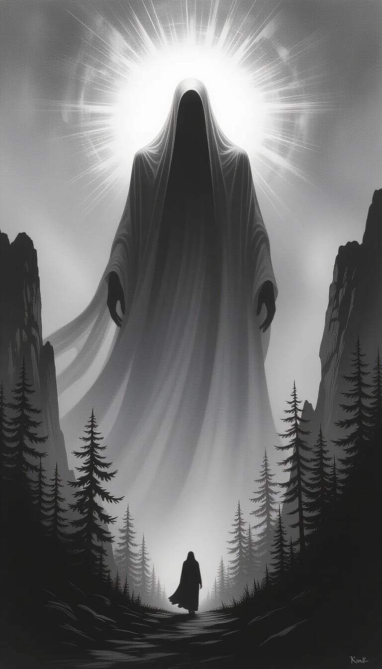 Ethereal Giant Over Mystical Forest Charcoal Drawing