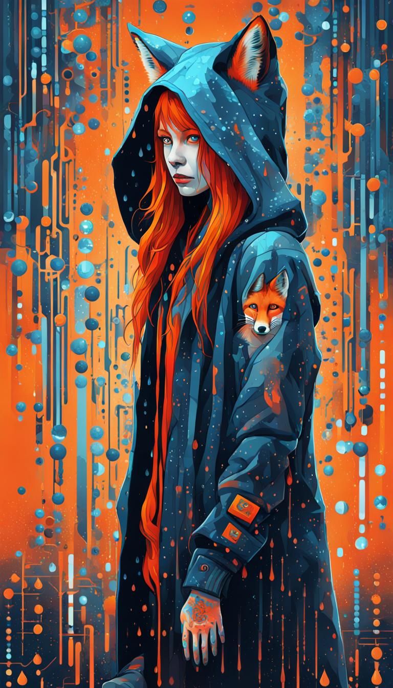 Fox-Woman in Matrix Digital World with Glitch Effects