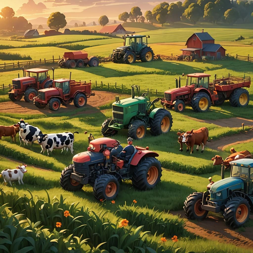 Pixar-Style Tractors with Cow Features in Field
