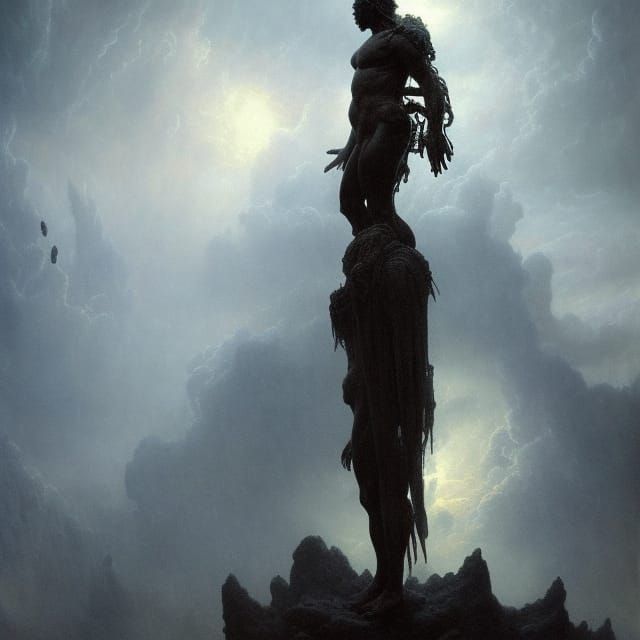 Humanoid Figure on Cloud in Dramatic Surrealism Style
