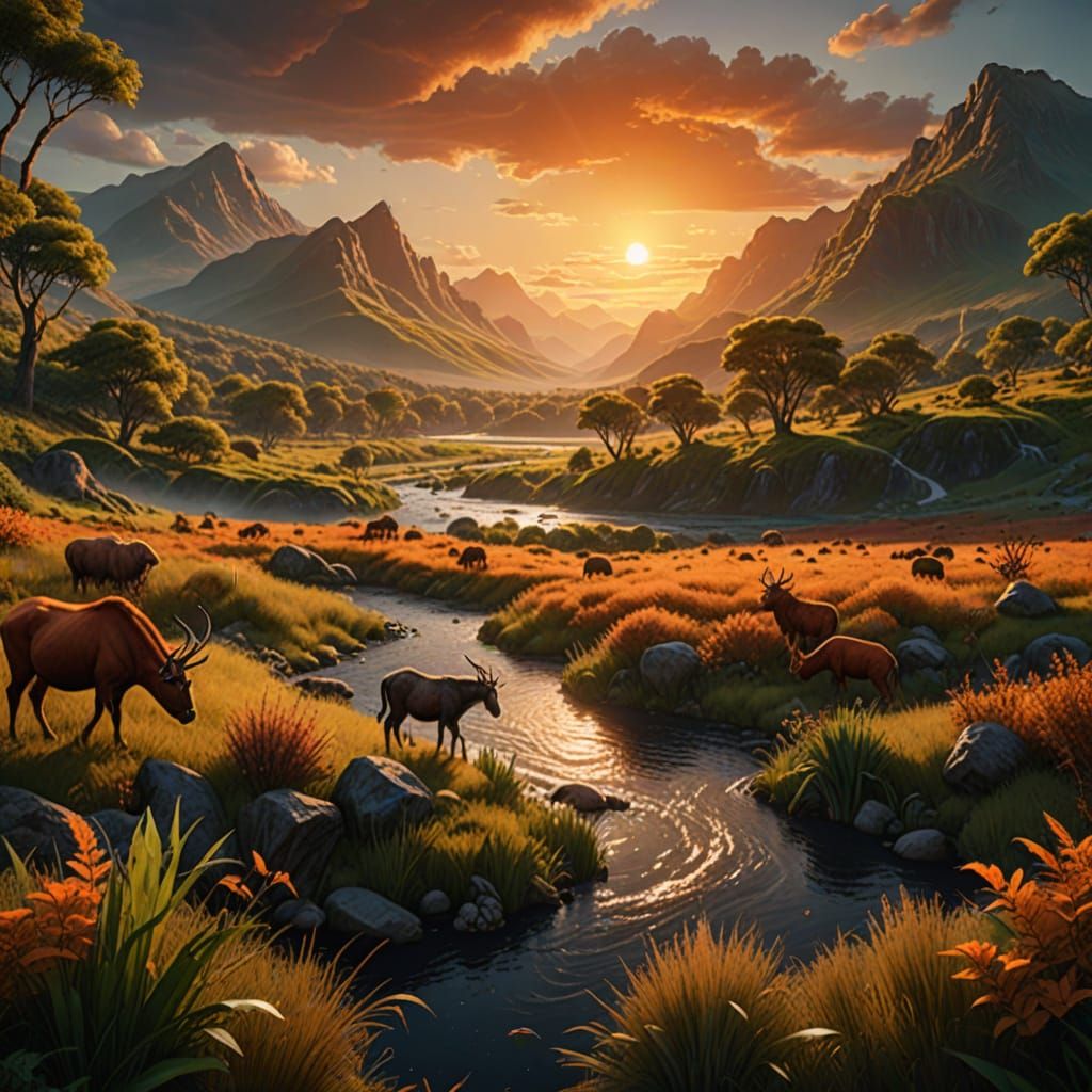 Animals Grazing by River at Sunset: Matte Painting