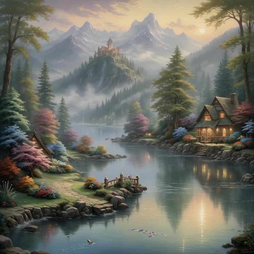 Ethereal Lake Embrace: A Thomas Kinkade Fantasy